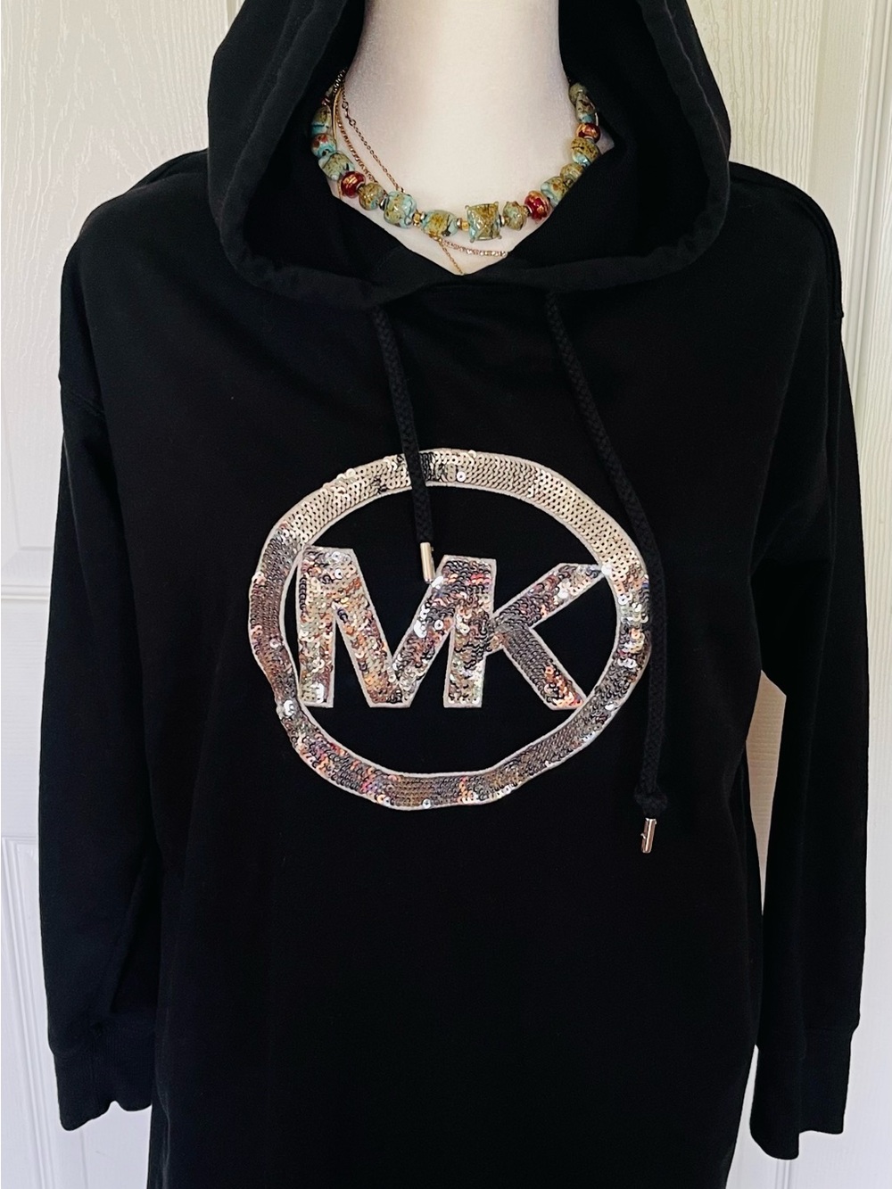 Michael Kors Black Hoodie Dress with Sequin MK Emblem - Picture 2 of 4